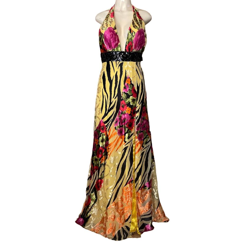 Paris Tony Bowls Yellow Floral Tiger Plunging Neck Sequin Silk Gown Dress Size 8